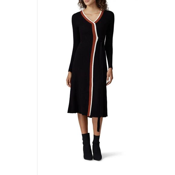 Caara Size Small Cedar Midi Dress Knit A Line Black Orange White Striped Belted - Picture 12 of 12